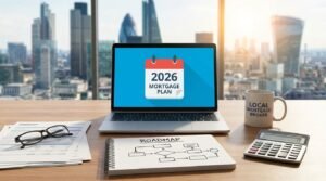 2026 mortgage planning strategy with laptop showing mortgage plan calendar, roadmap notebook, financial documents, calculator and local mortgage broker coffee mug on desk with city skyline view