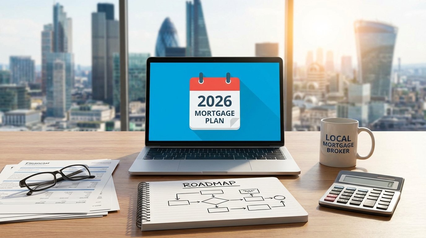 2026 mortgage planning strategy with laptop showing mortgage plan calendar, roadmap notebook, financial documents, calculator and local mortgage broker coffee mug on desk with city skyline view