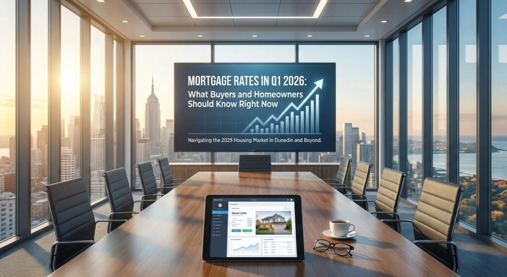 Homebuyer reviewing Q1 2026 mortgage rate trends on a laptop while planning a home purchase.